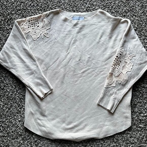 Liv Milano Tops - Cream LIV Milano Long Sleeve Top Small Rhinestones Lace Luxury Coquette Romantic